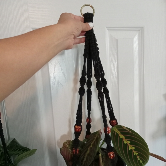 Plant Hanger Macrame Black Floral Beads Set Of 2 With Rings Handmade Small Med - Picture 9 of 15